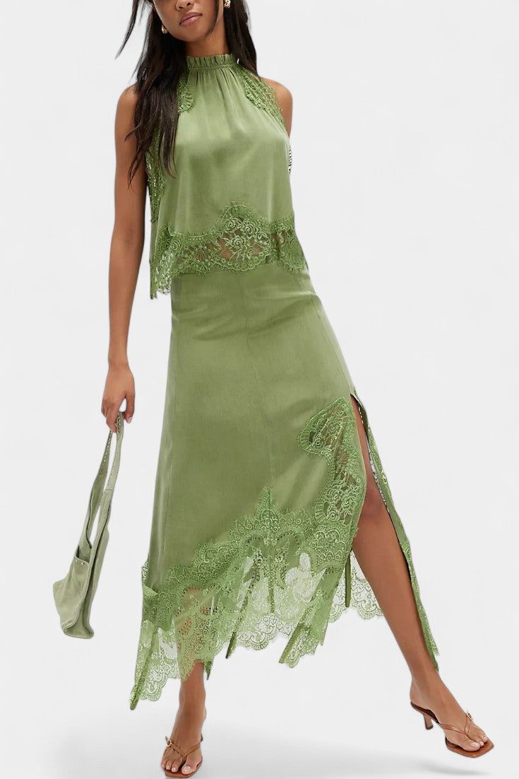 Nada Midi Suknja s Čipkastim Detaljima i Asimetričnom Porubom