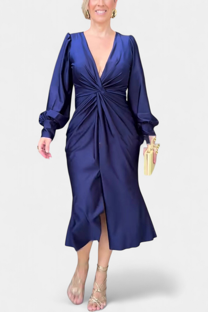 Lena Duga Haljina s Dugim Rukavima i V-Izrezom