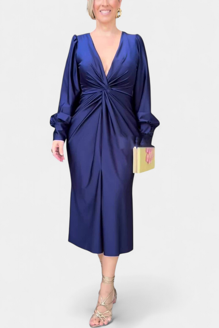 Lena Duga Haljina s Dugim Rukavima i V-Izrezom